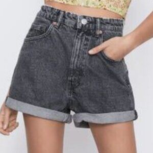 Zara Grey Denim High Waist Mom Shorts with Cuffed Hem